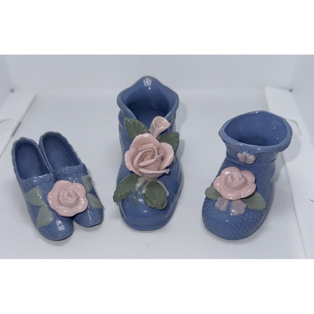 Vintage 3 piece Ceramic Shoe Figurines Blue Pink Roses Occupied Japan Floral
